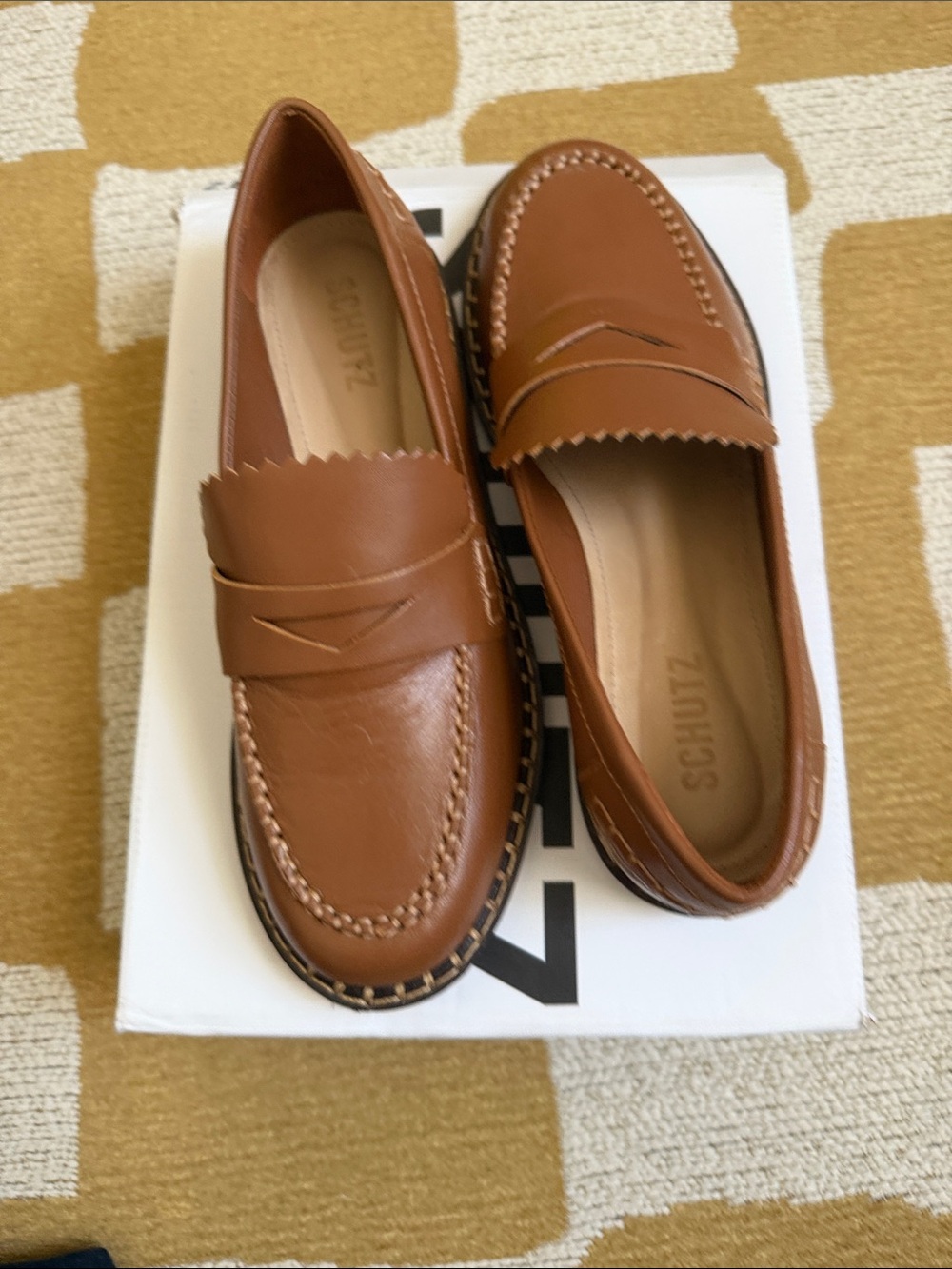 SCHUTZ Brown Leather Penny Loafers with Scalloped Trim